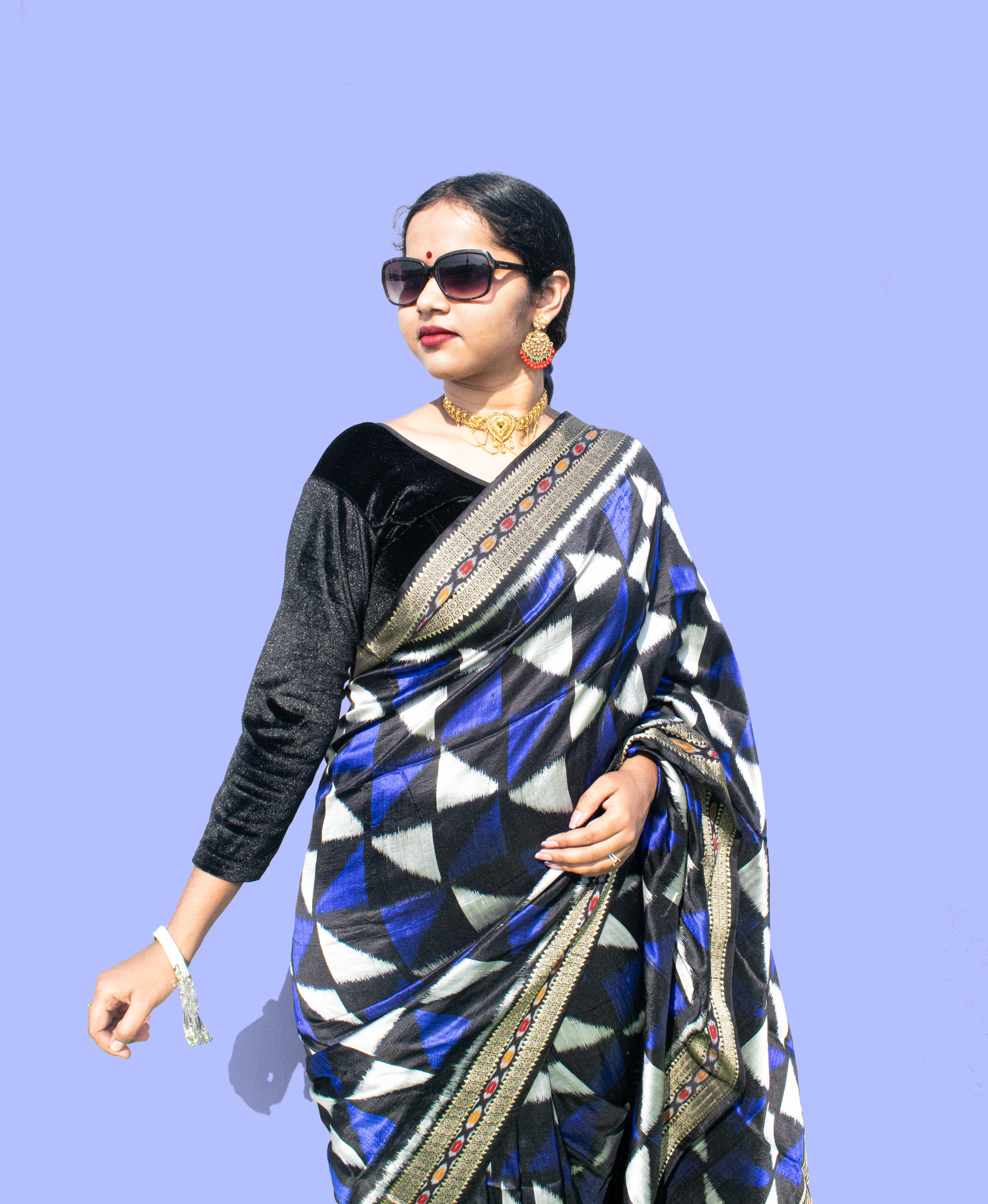 Navy Blue Triangle Khandua Pata Saree