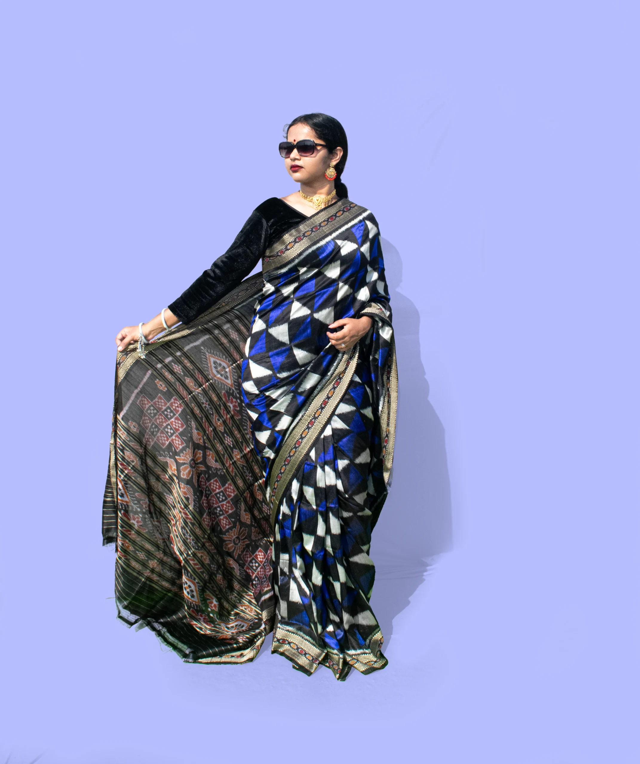 Navy Blue Triangle Khandua Pata Saree
