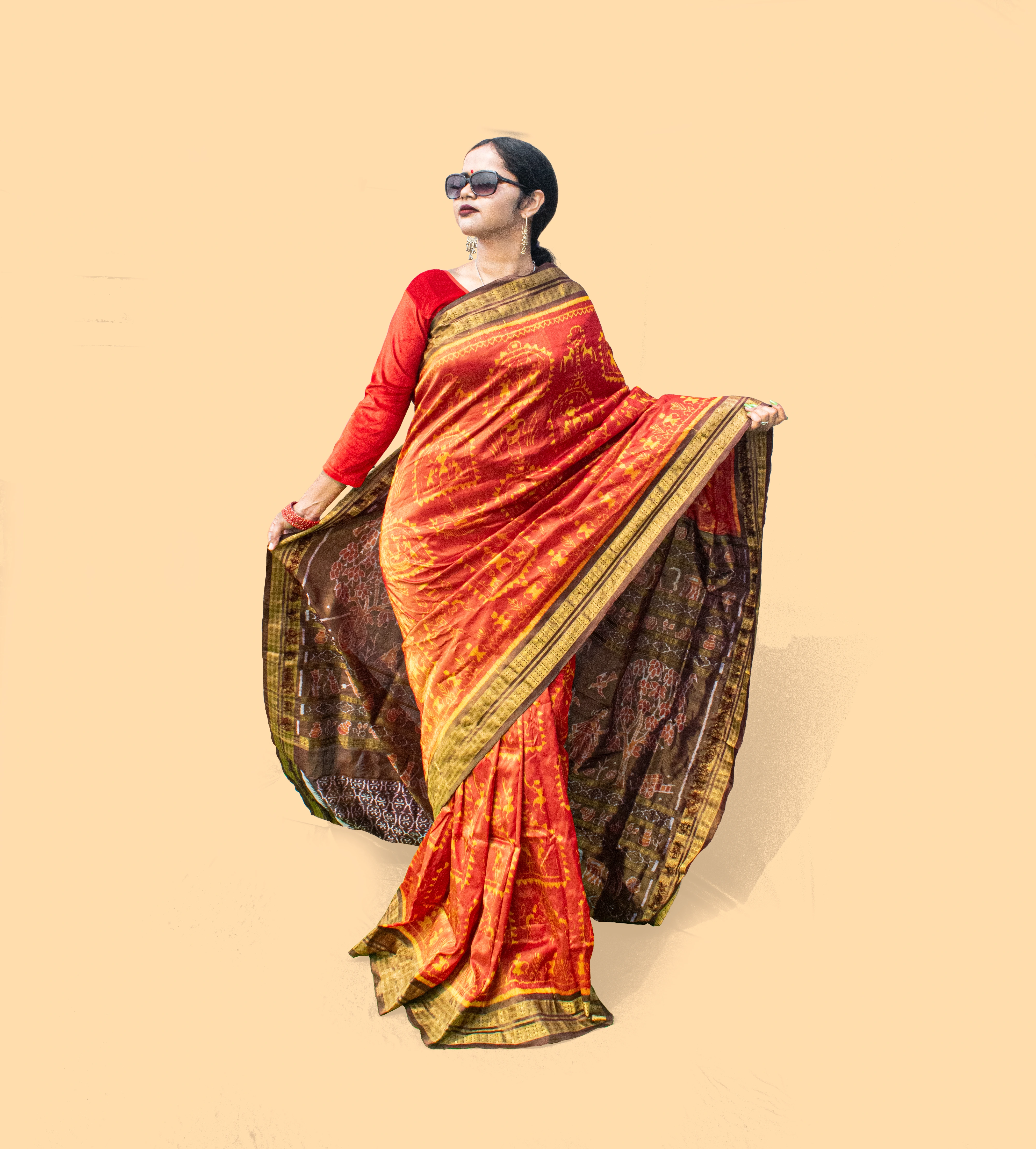 Red Gold Sambalpuri Full Tissue Saree