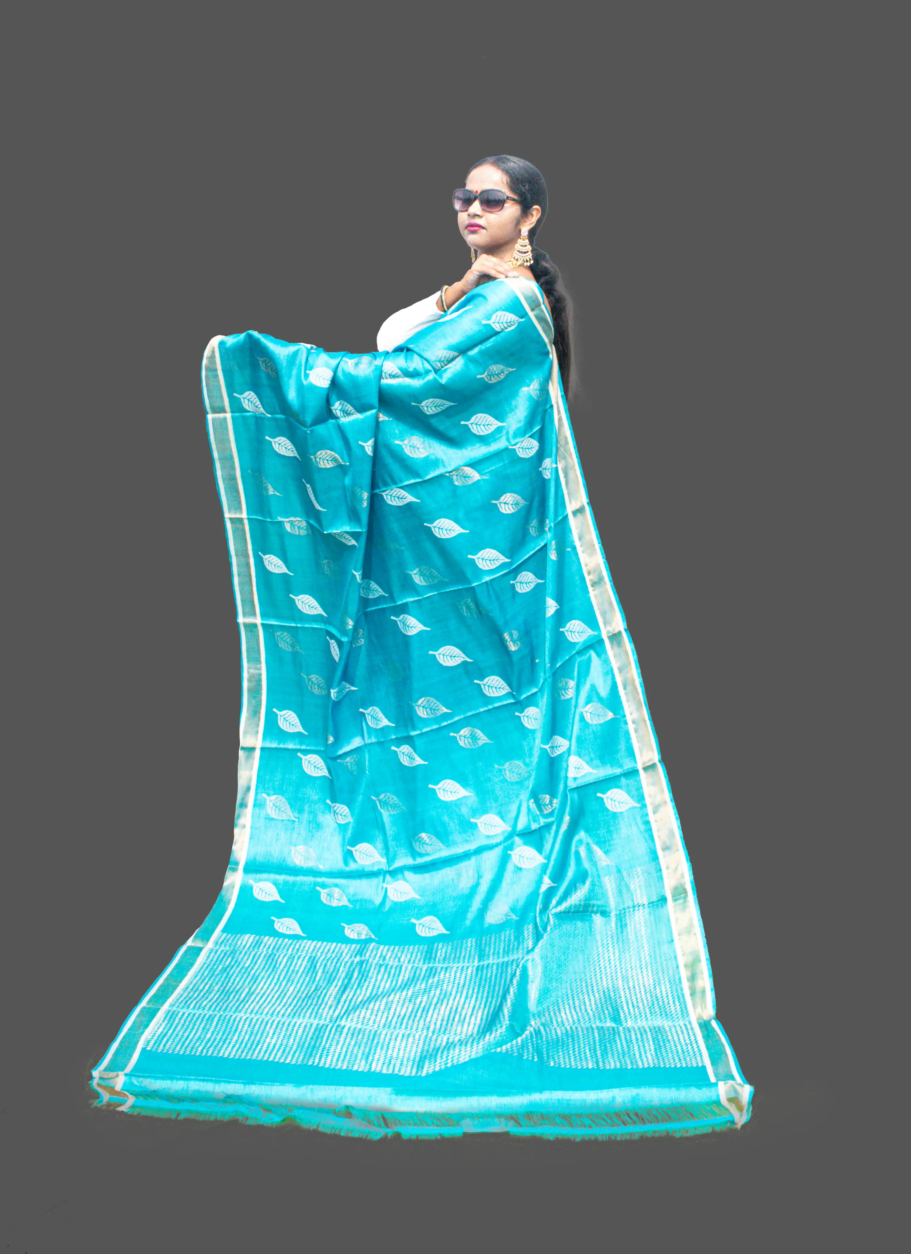 White Leaf CopperSulphate Tussar Silk Saree