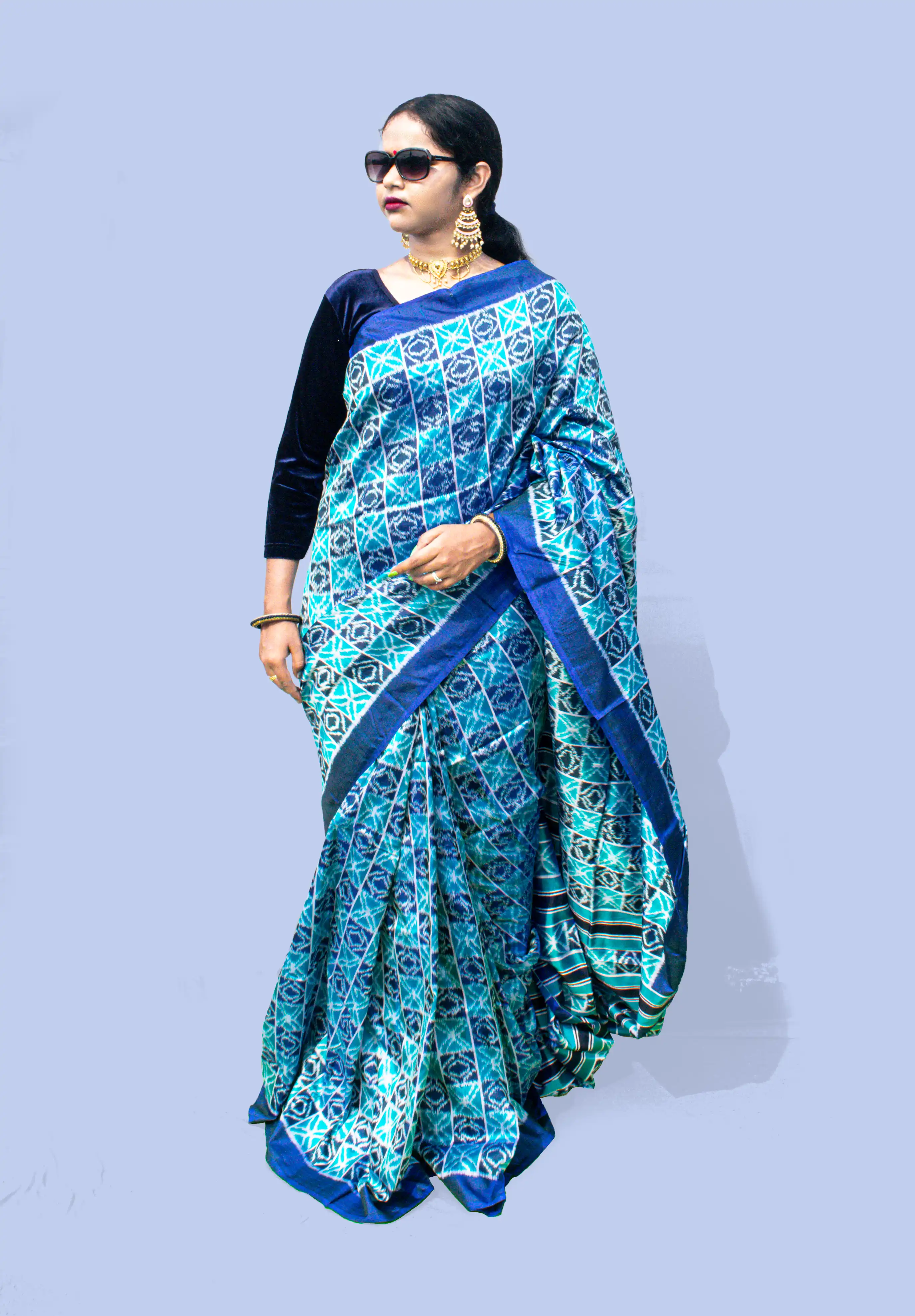 Blue White Sambalpuri Pure Pata Saree