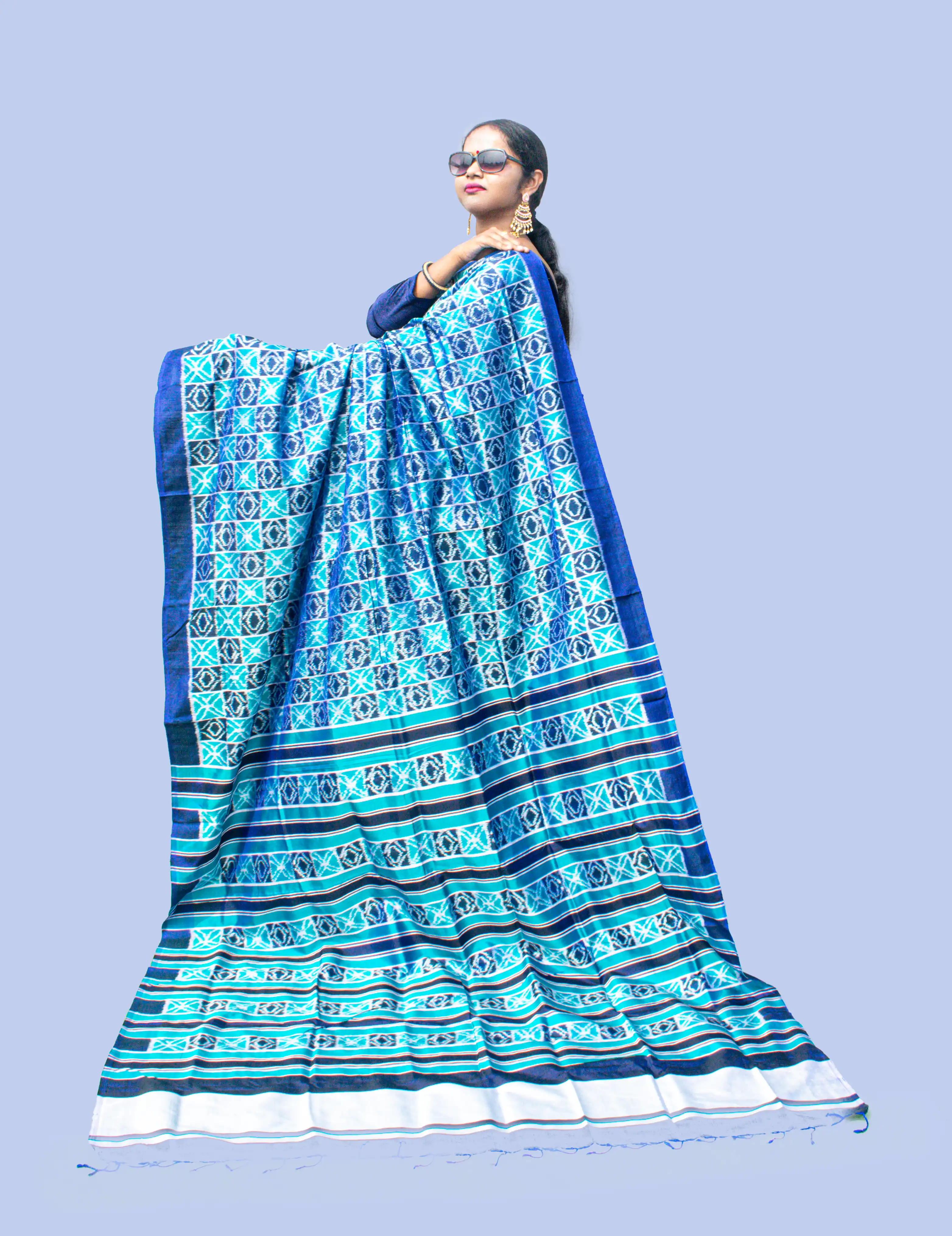 Blue White Sambalpuri Pure Pata Saree