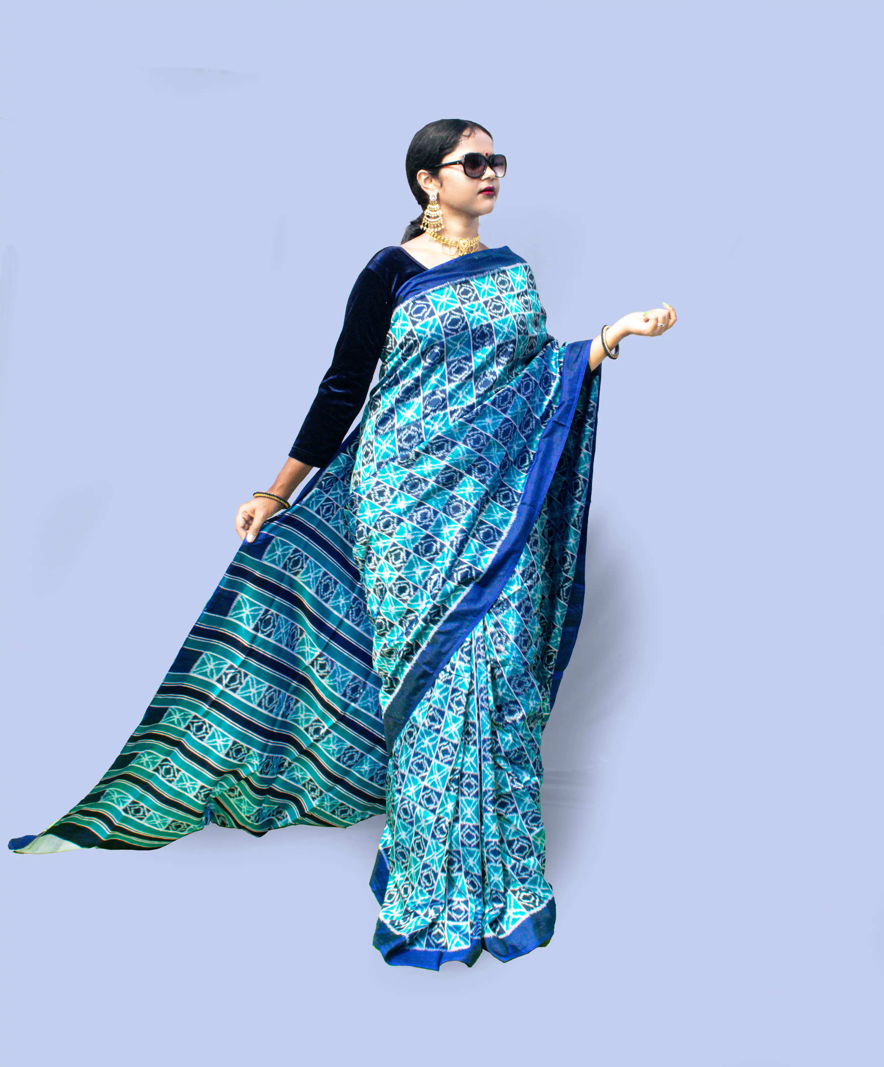 Blue White Sambalpuri Pure Pata Saree