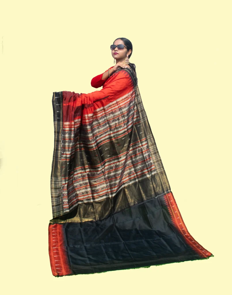 Red with Black Gold border Half Tissue Sambalpuri Pure Pata Saree