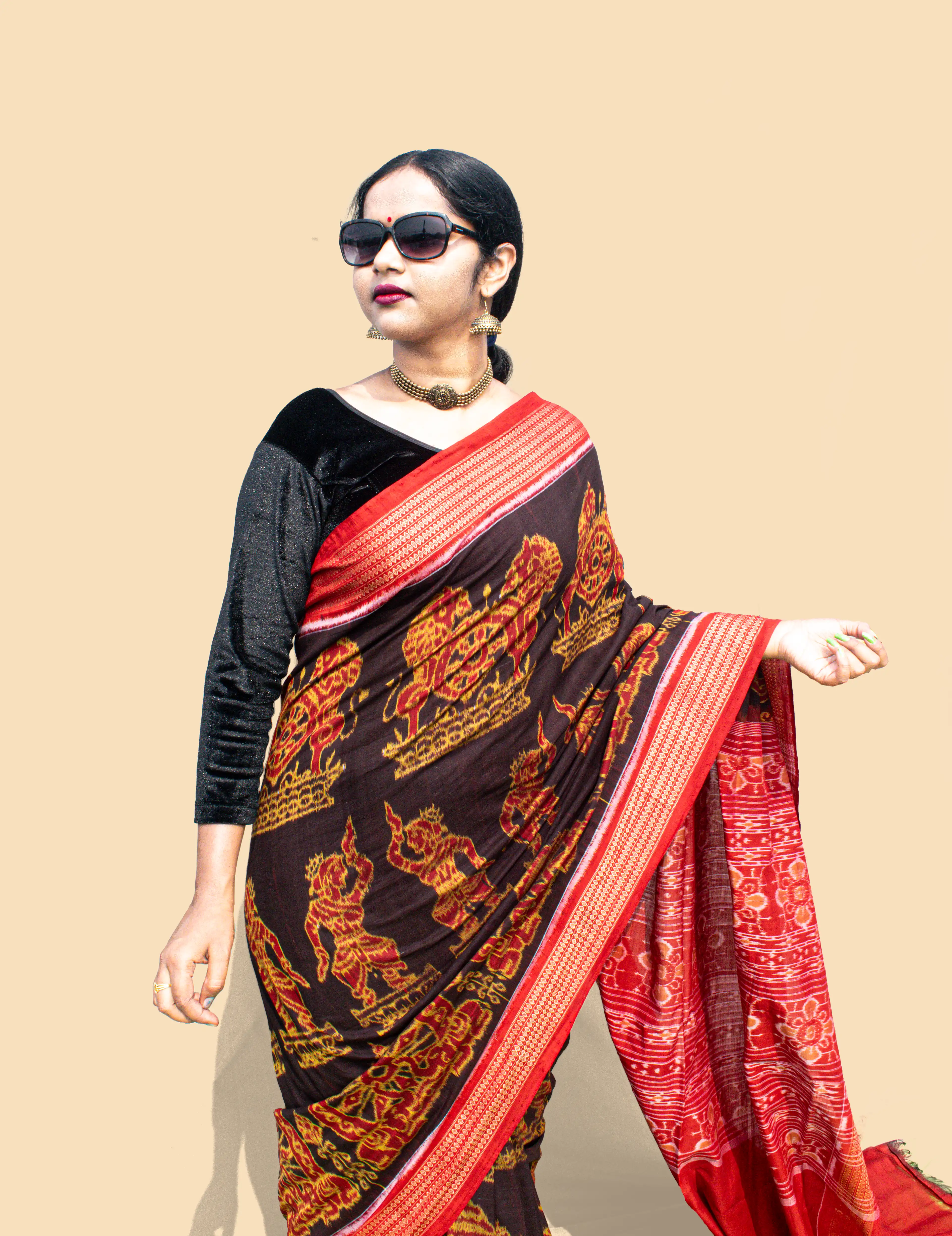 Konarka Chakra Black Orange Sambalpuri Cotton Saree