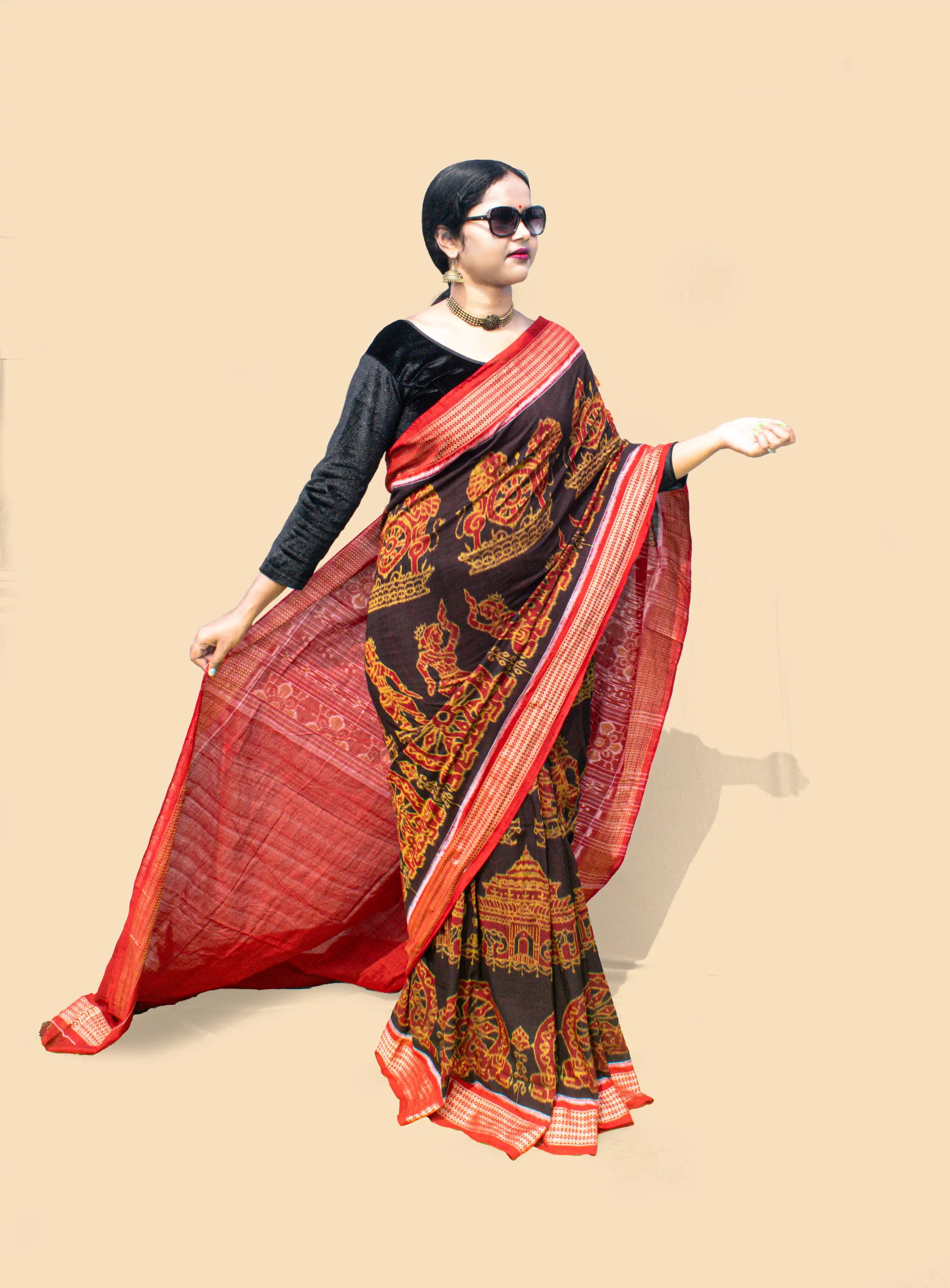 Konarka Chakra Black Orange Sambalpuri Cotton Saree