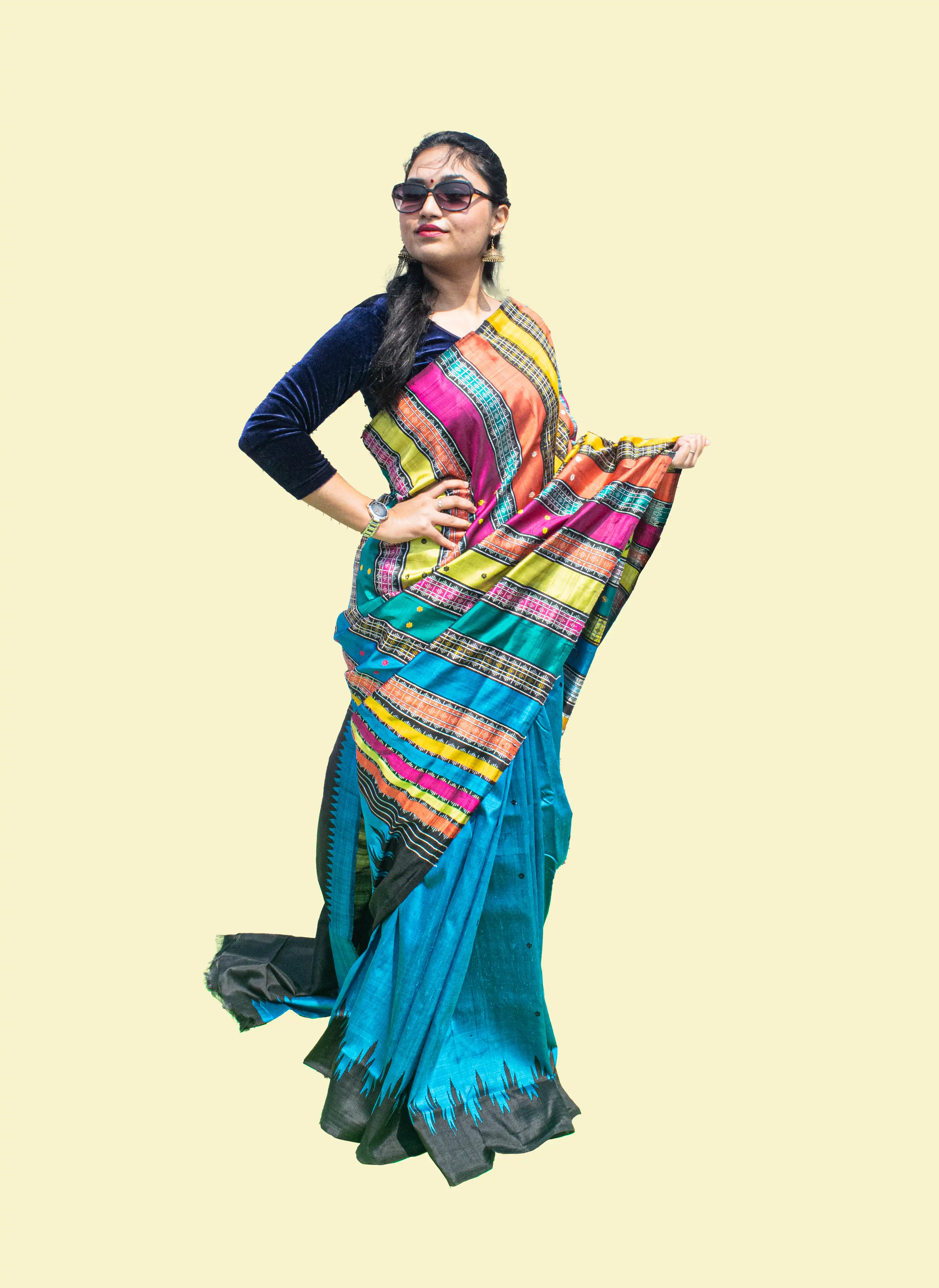 Double Anchal CopperSulphate Black border Berhampuri Pure Pata Saree