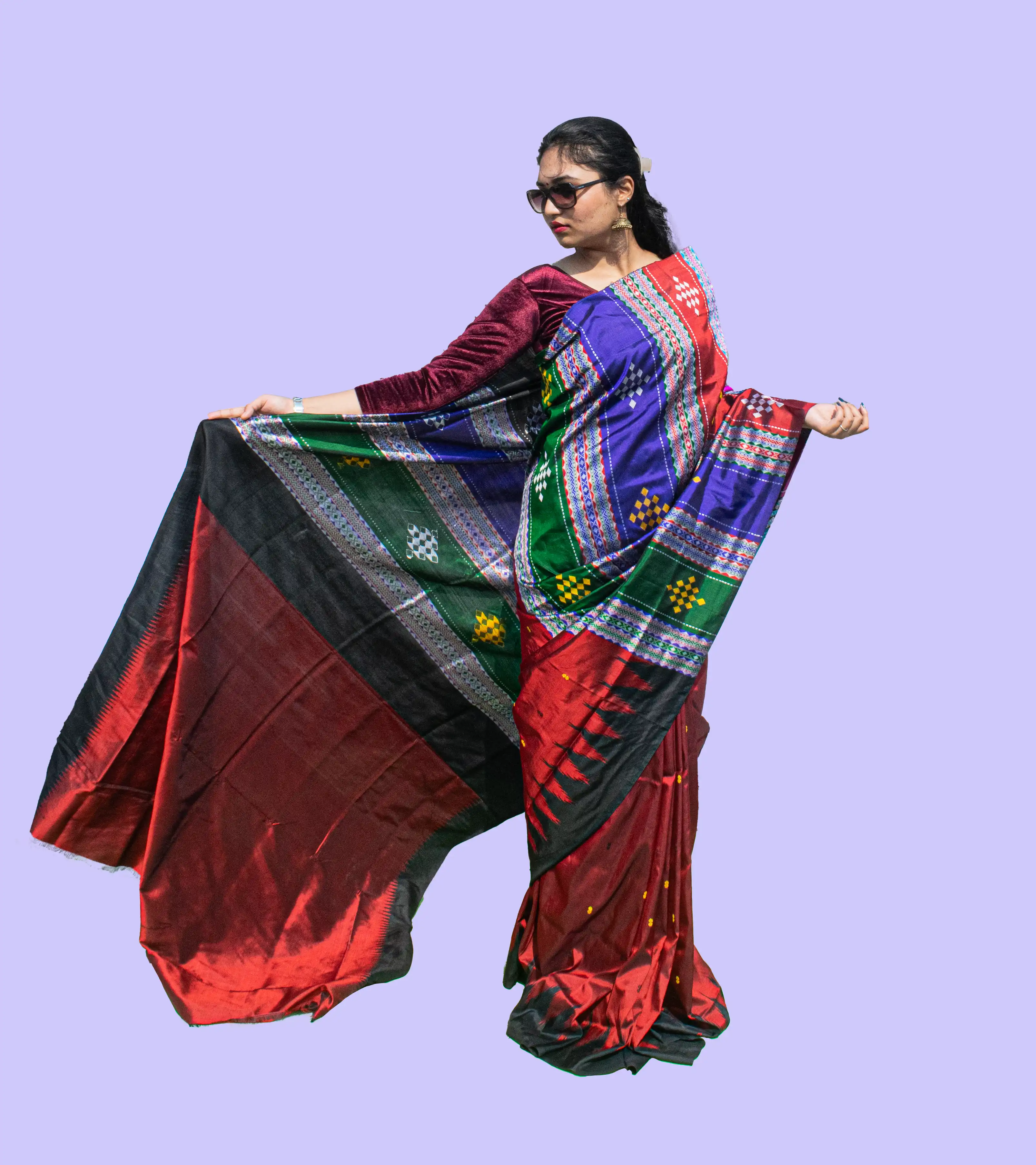 Double Anchal Red Black Berhampuri Pure Pata Saree