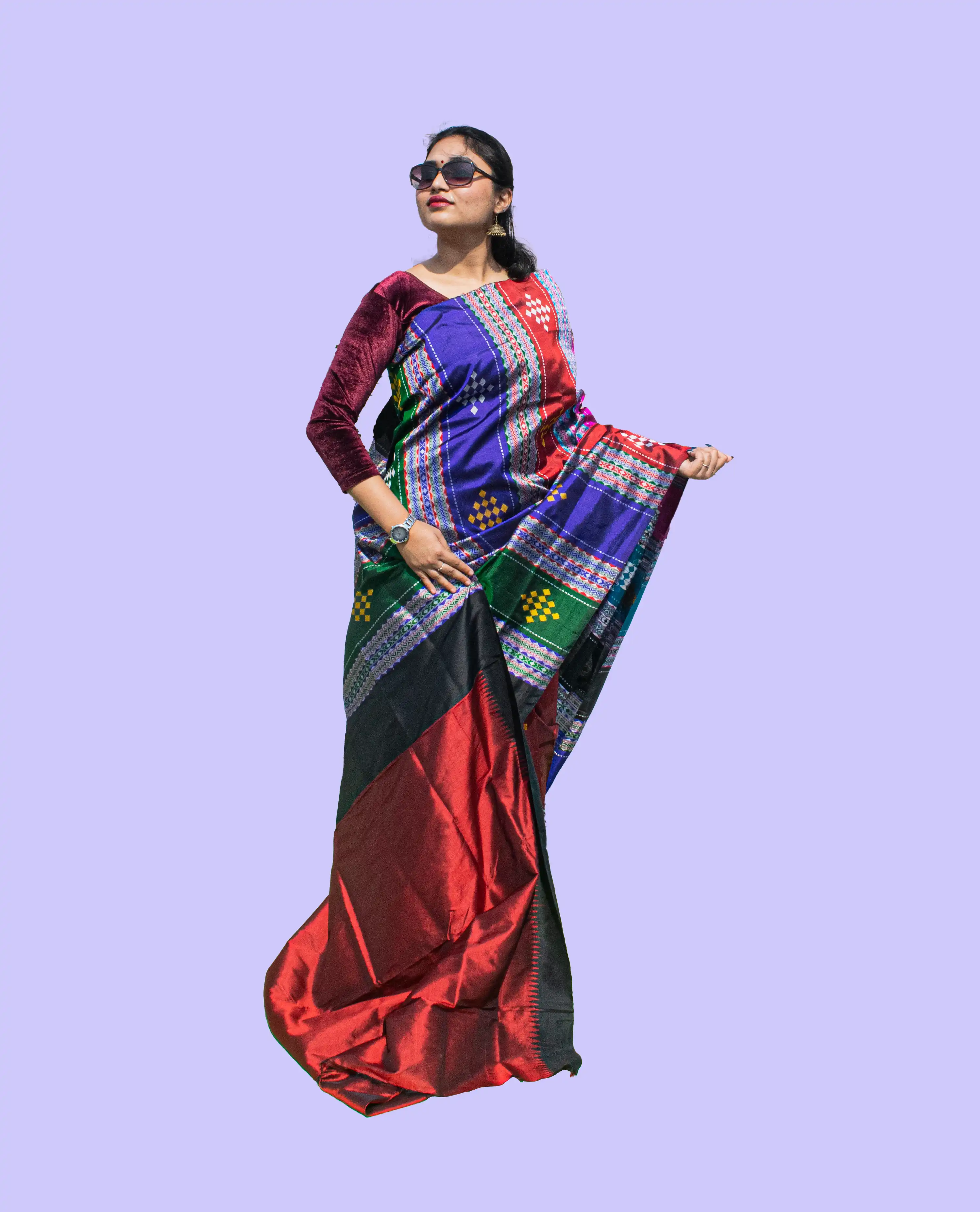 Double Anchal Red Black Berhampuri Pure Pata Saree