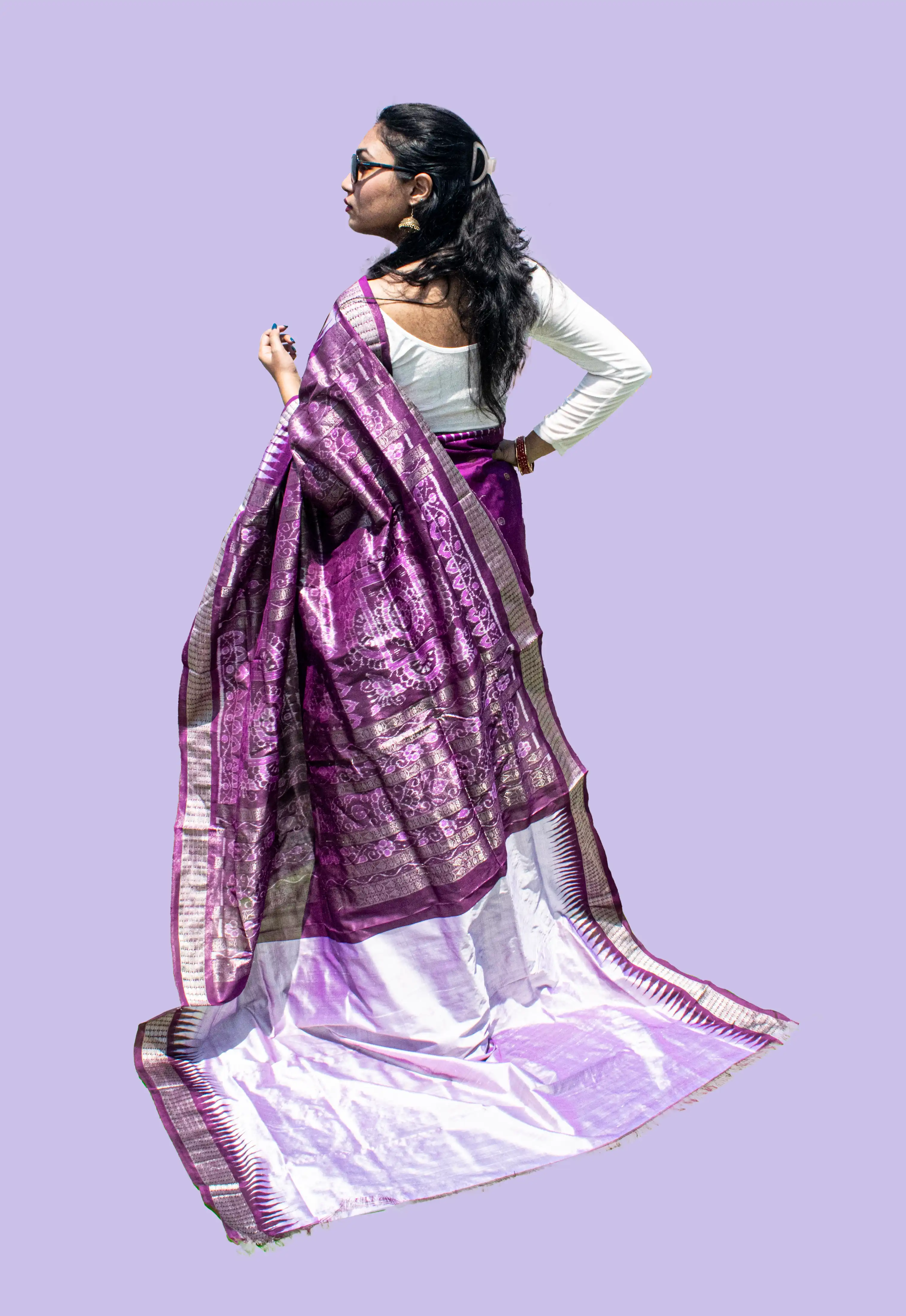 Mauve White Sambalpuri Pure Pata Half Tissue Saree