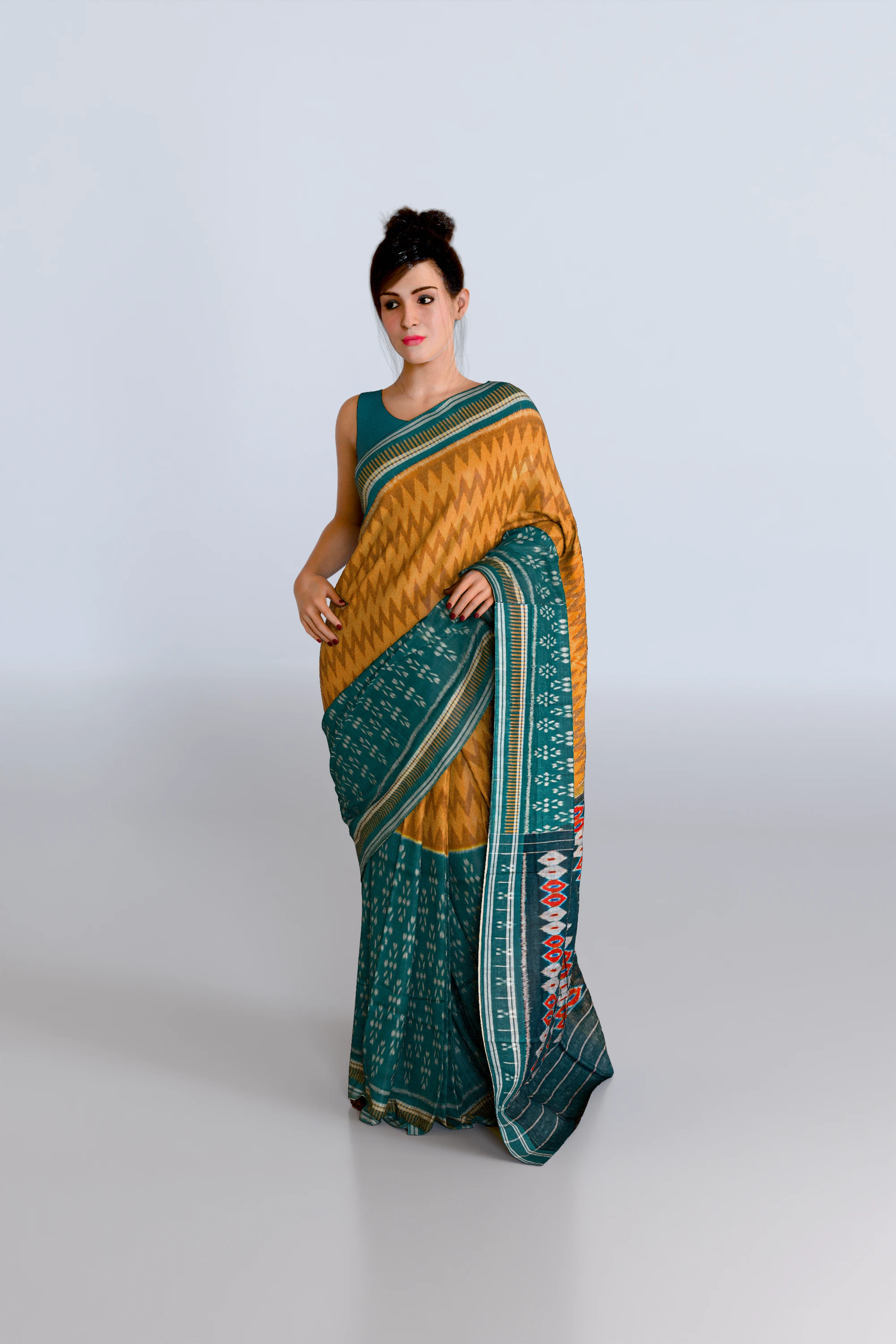 Yellow Teal Half Half Khandua Cotton Saree