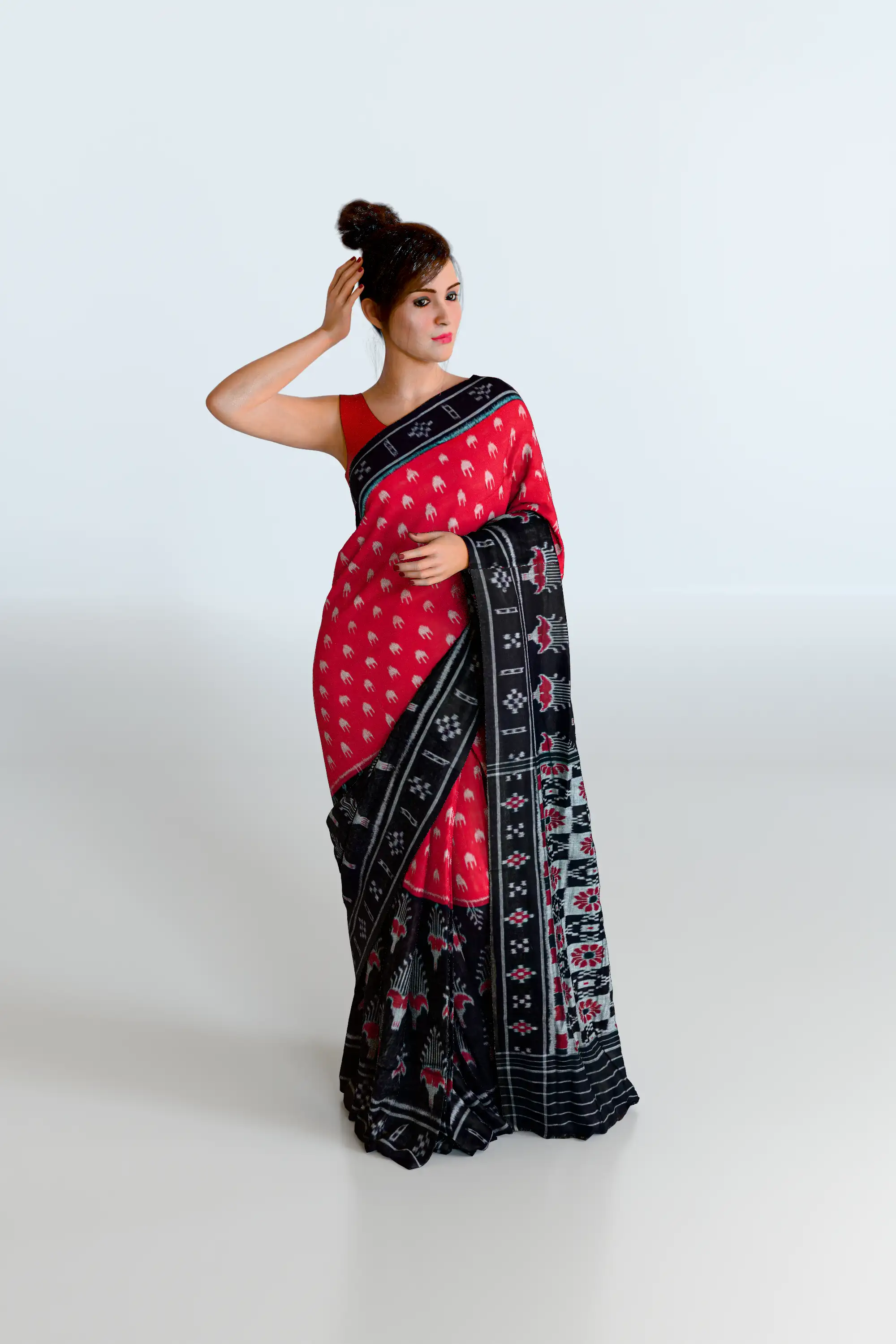 Black Red Half Half Khandua Cotton Saree