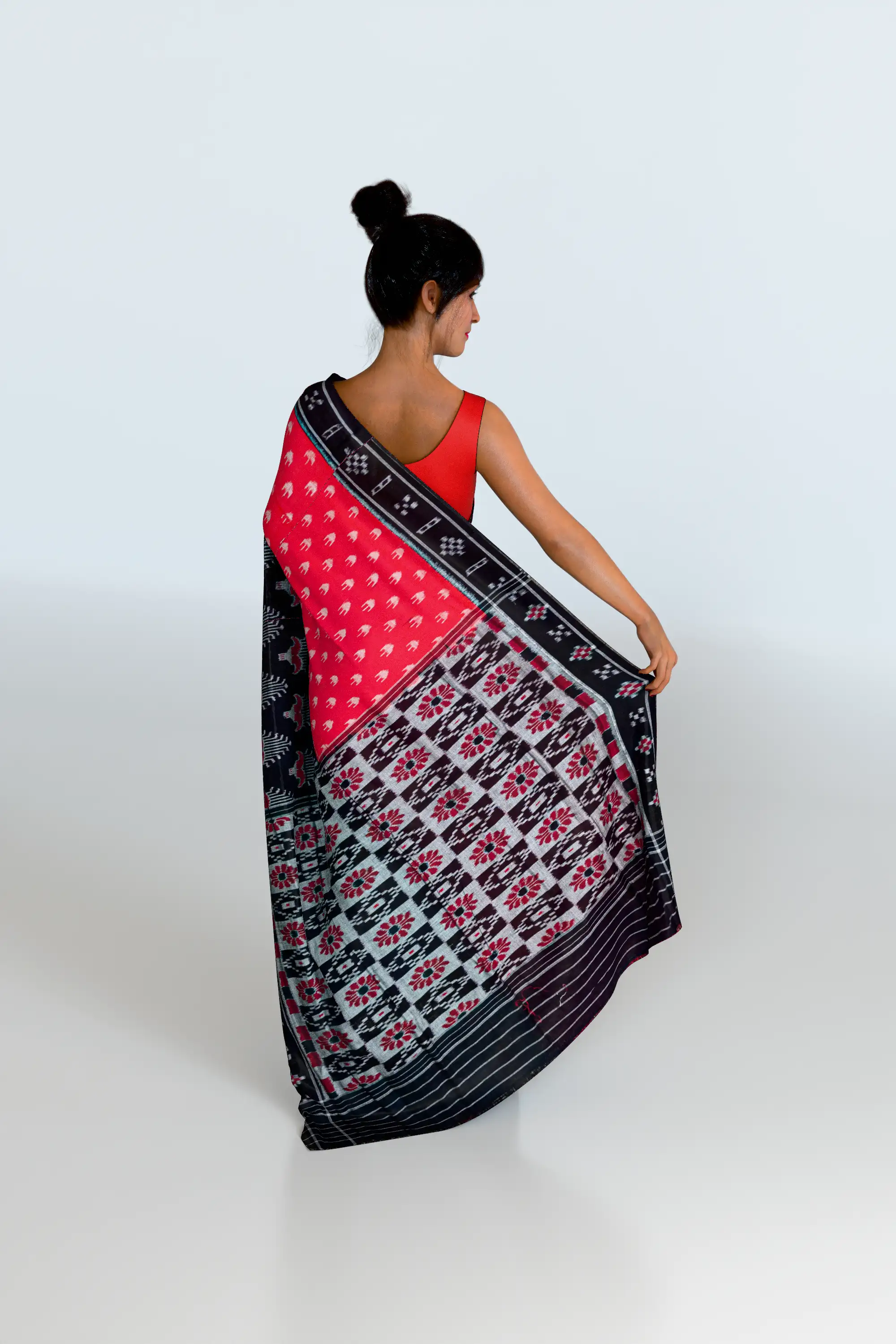 Black Red Half Half Khandua Cotton Saree