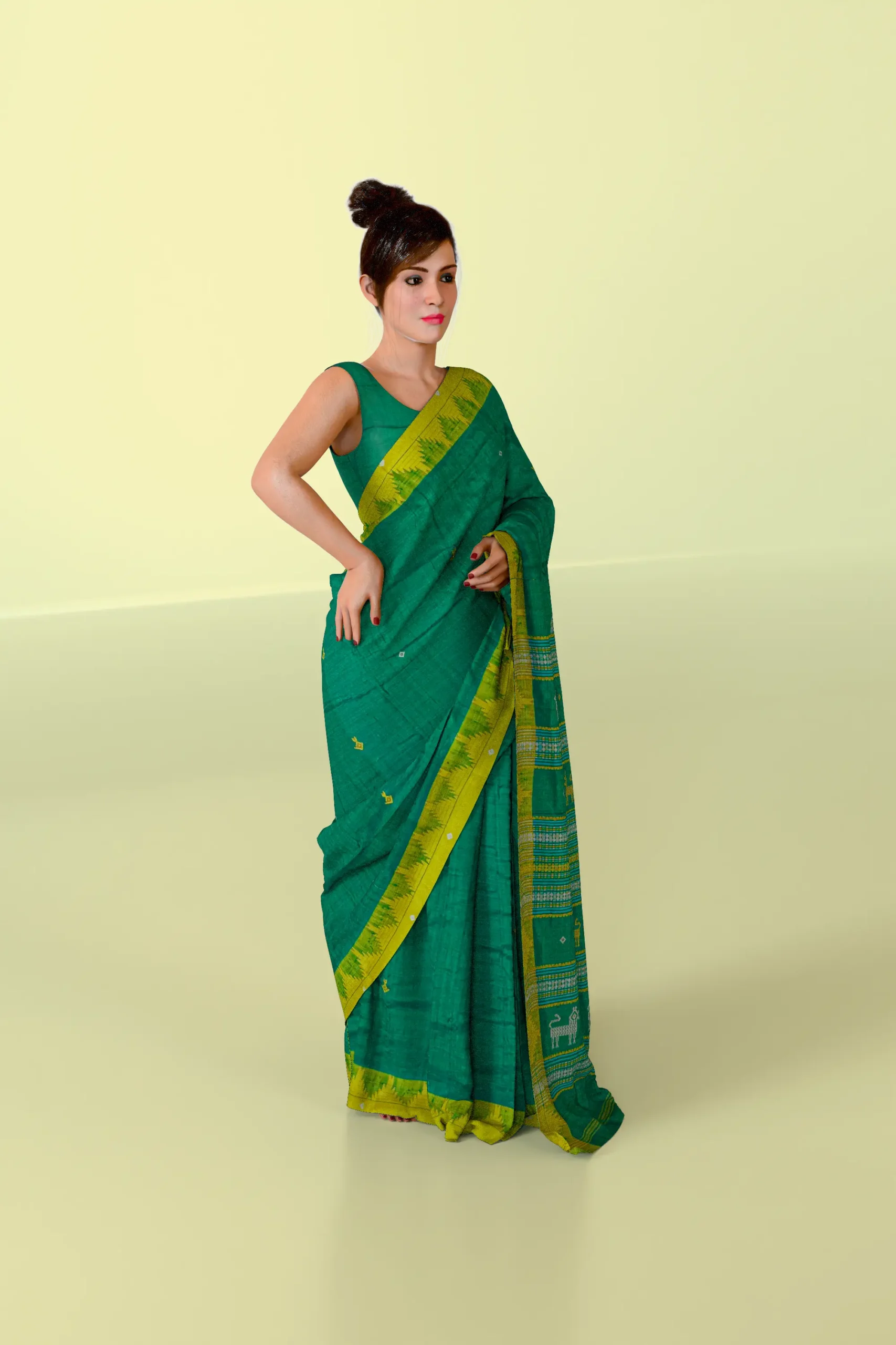 Green Yellow Kotpad Tussar Silk Saree