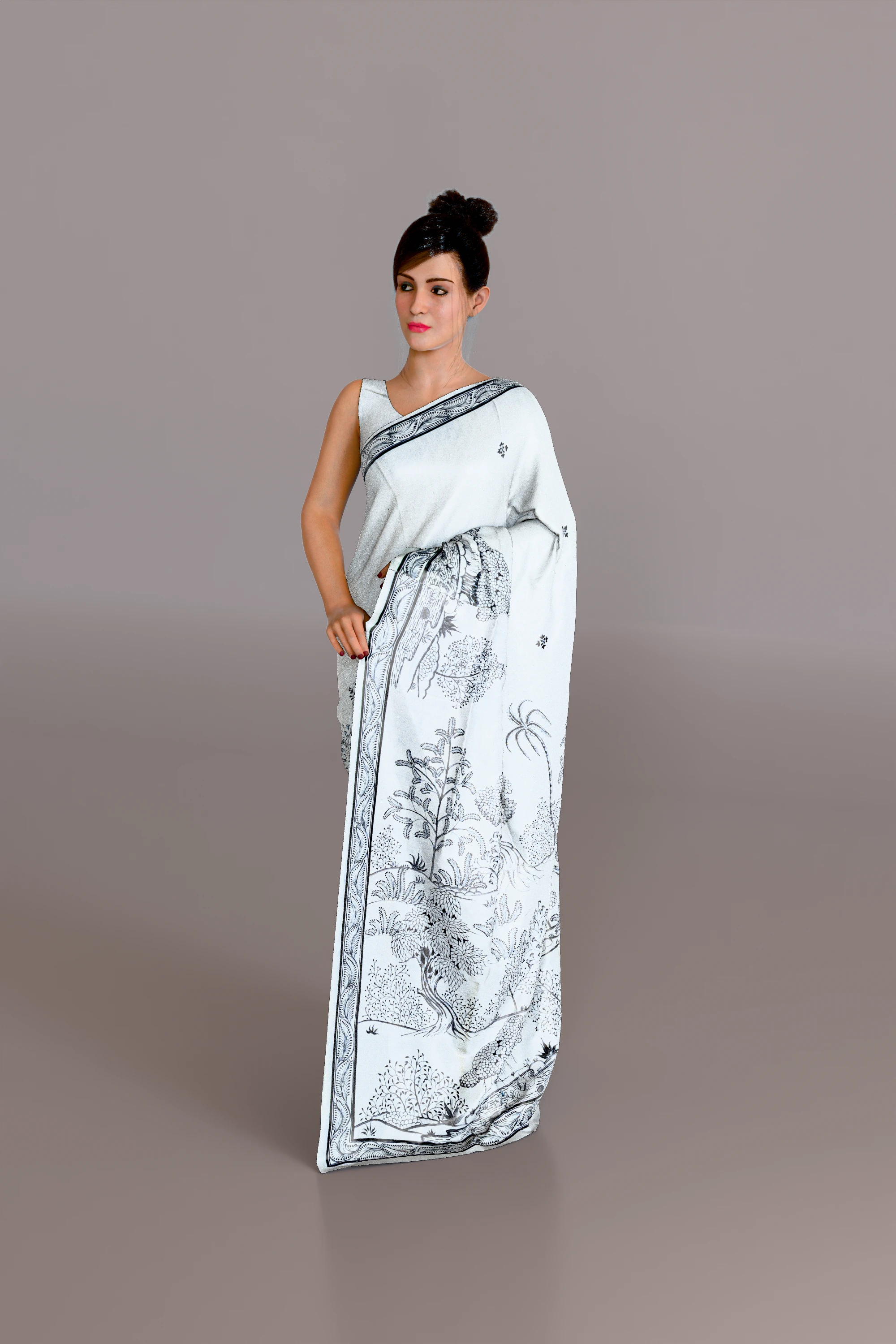 White Nature Pattachitra Tussar Silk Saree