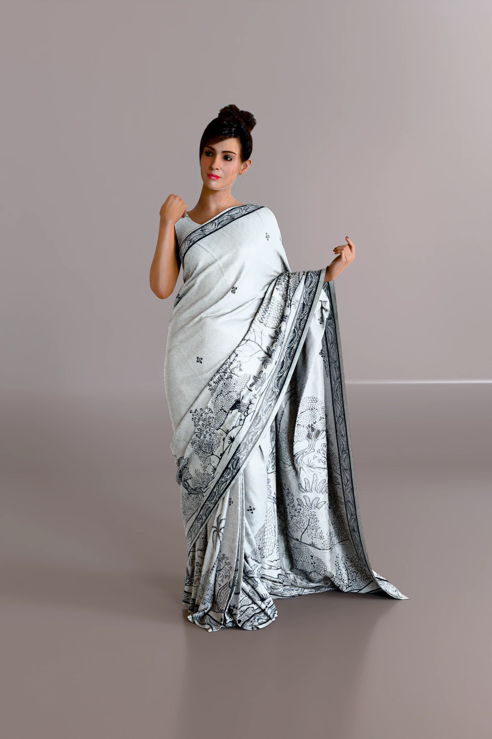 White Nature Pattachitra Tussar Silk Saree
