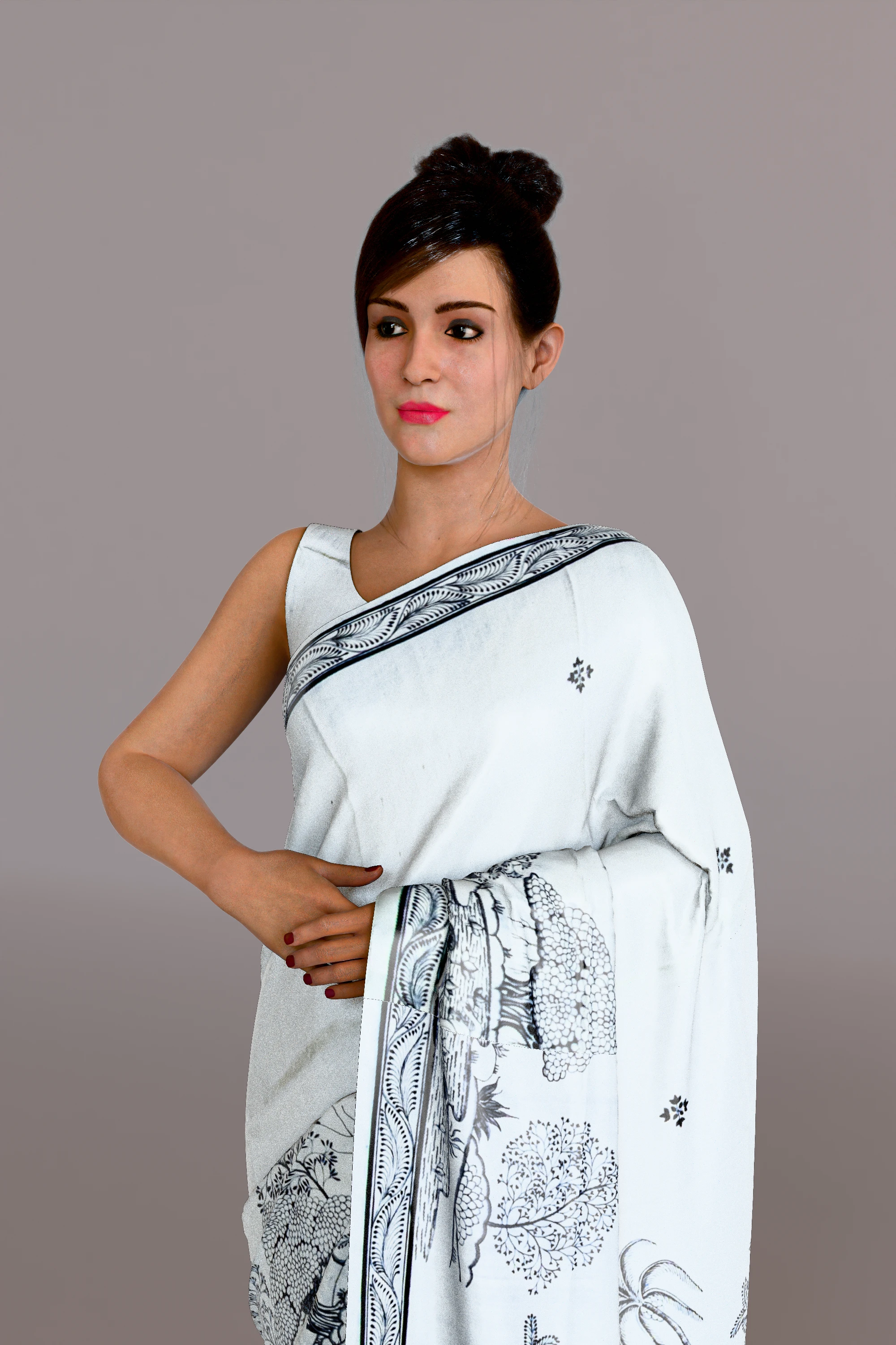 White Nature Pattachitra Tussar Silk Saree