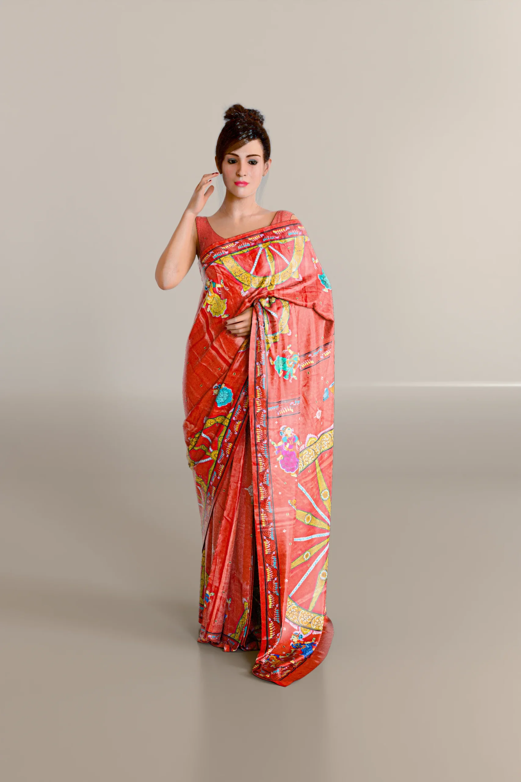 Red Konarka Chakra Pattachitra Tussar Silk Saree