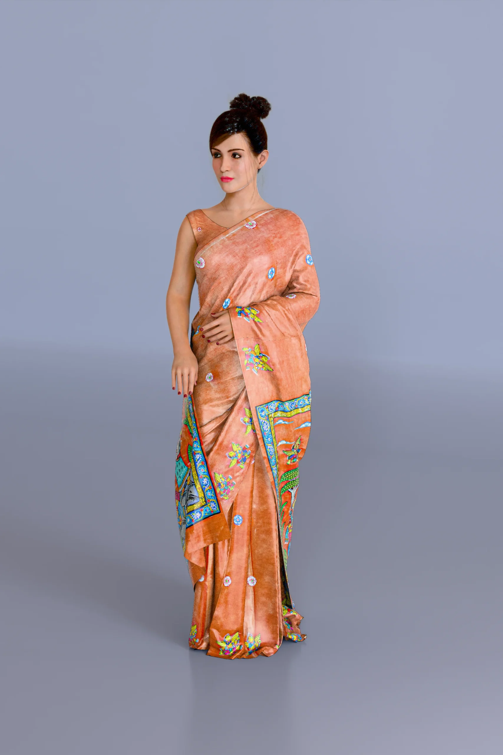 Salmon Color Radha Krishna Pattachitra Tussar Silk Saree