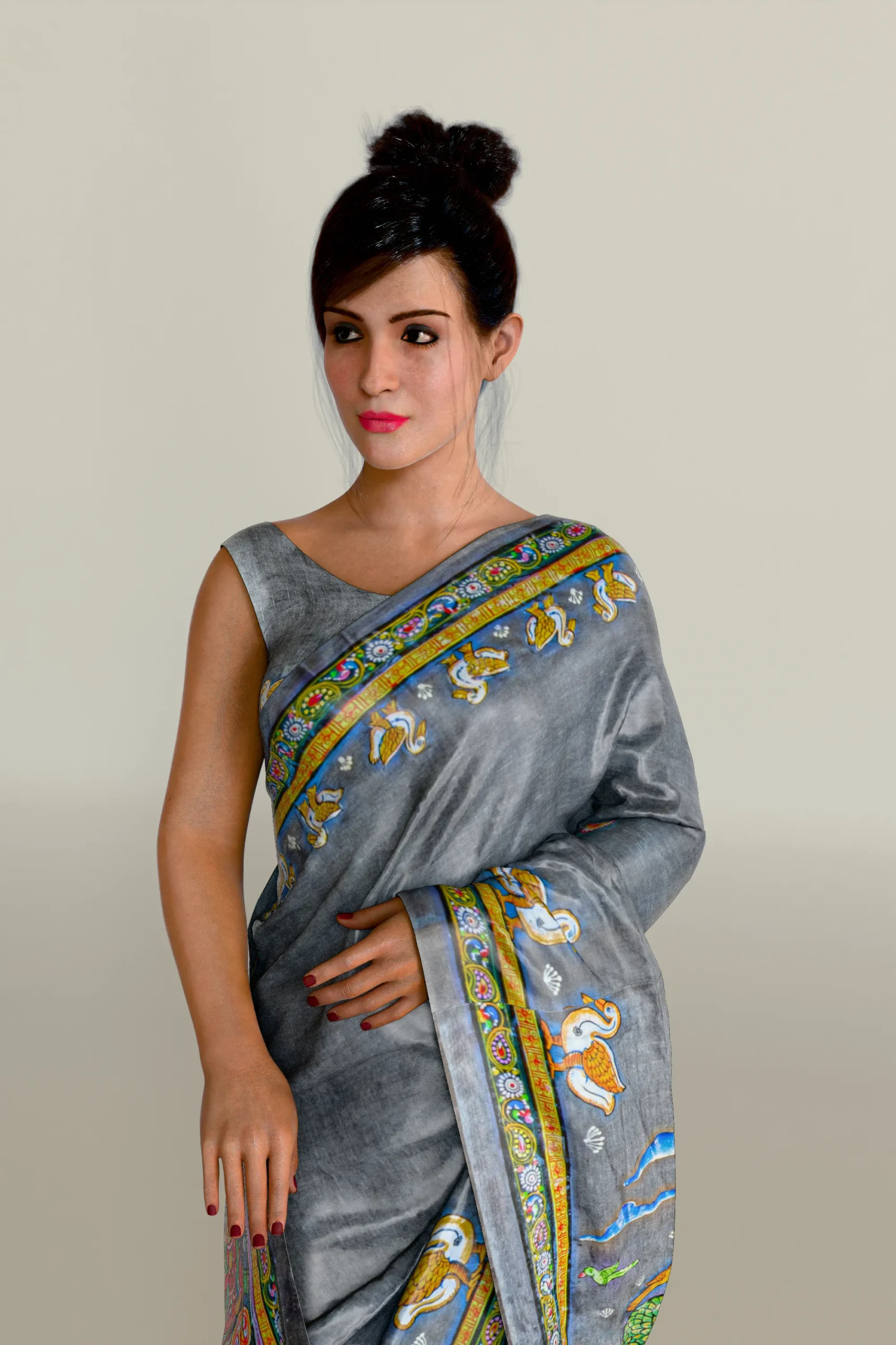 Gray Boita Bandana Pattachitra Tussar Silk Saree