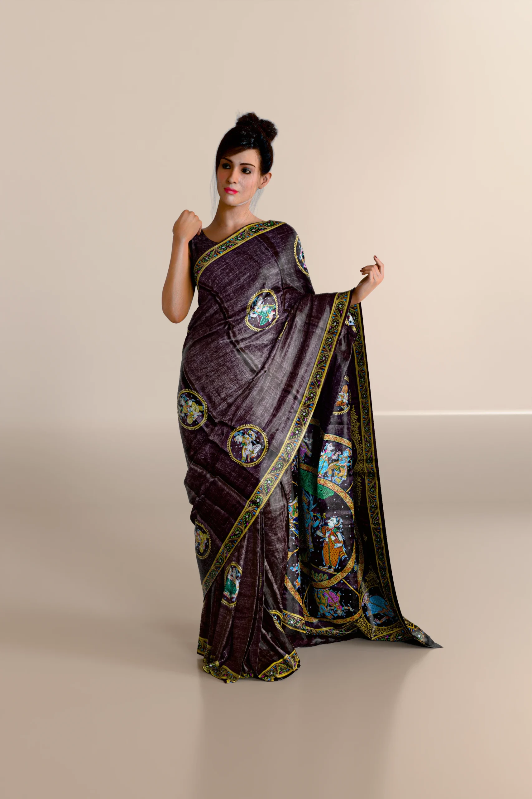Coffee Color Rasaleela Pattachitra Tussar Silk Saree