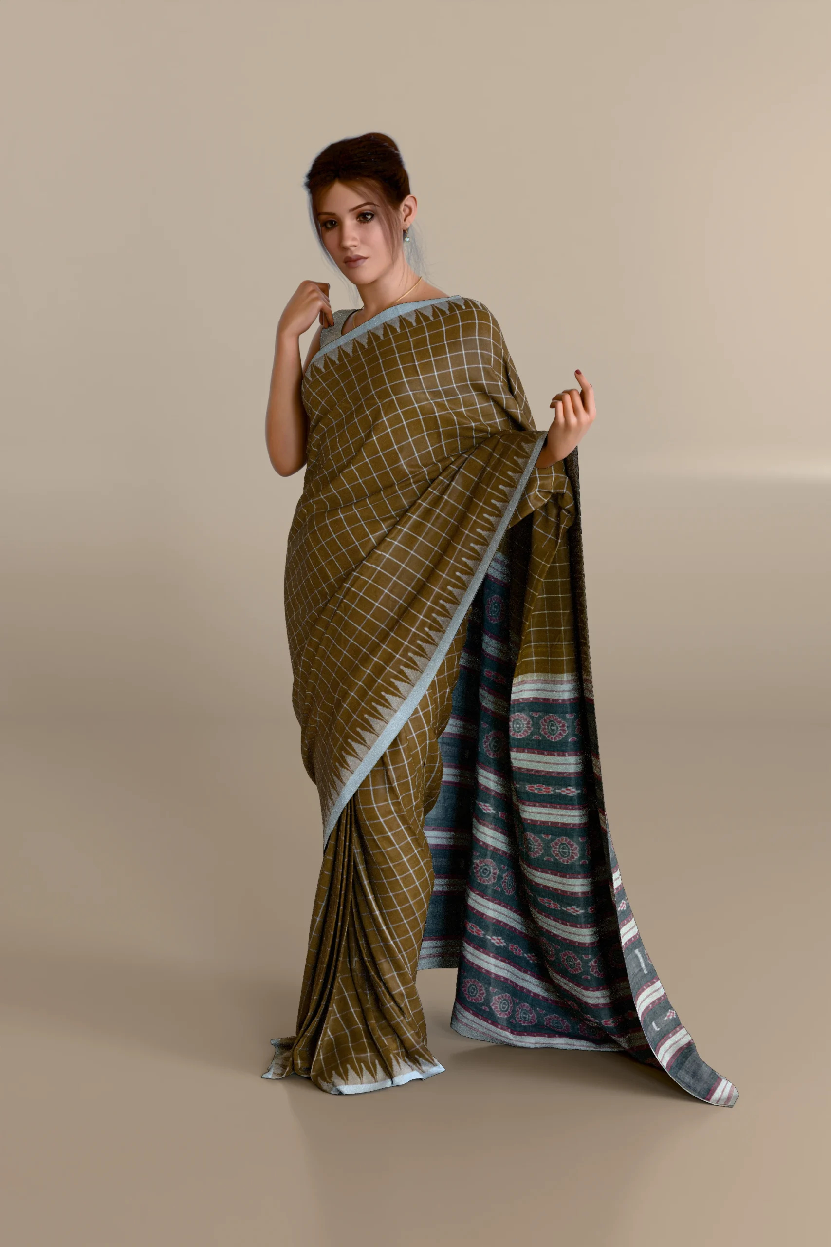Brown Checkered Sambalpuri Cotton Saree